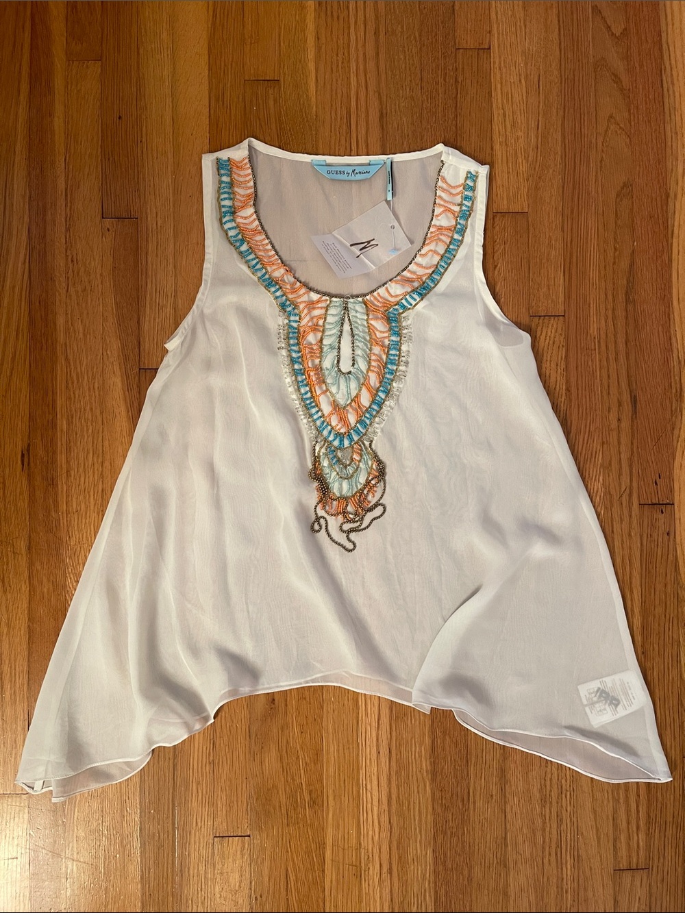 Guess by Marciano White Sleeveless Beaded Neckline Camisole